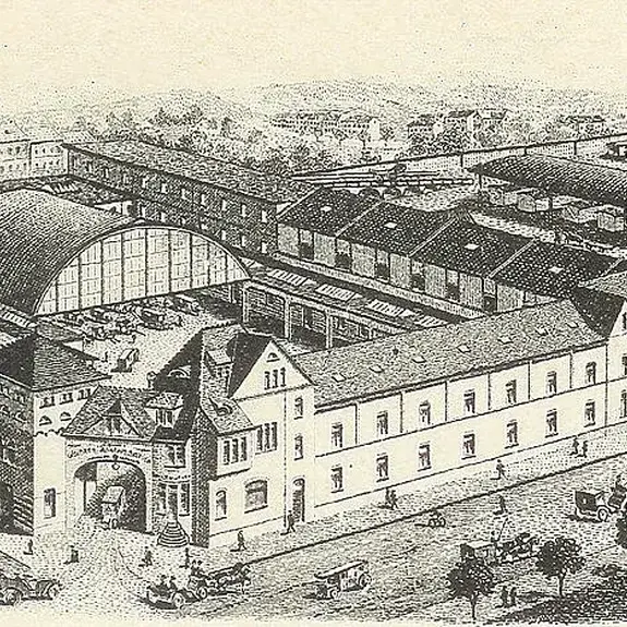 Jahr 1907. Stahlstich Droschkenanstalt Settelen an der Türkheimerstasse 17.